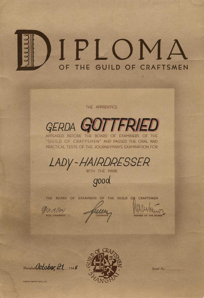 Diploma of the Guild of Craftsmen [Gerda Gottfried]