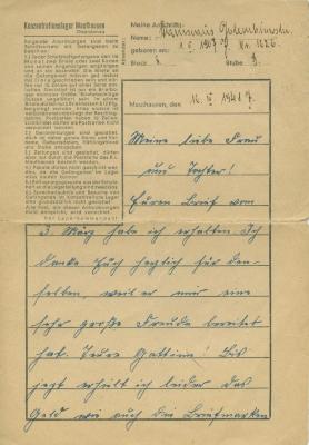 [Dictated letter from Kasimierz [?] Gulembinowski at the Mauthausen main camp to an unknown recipient]