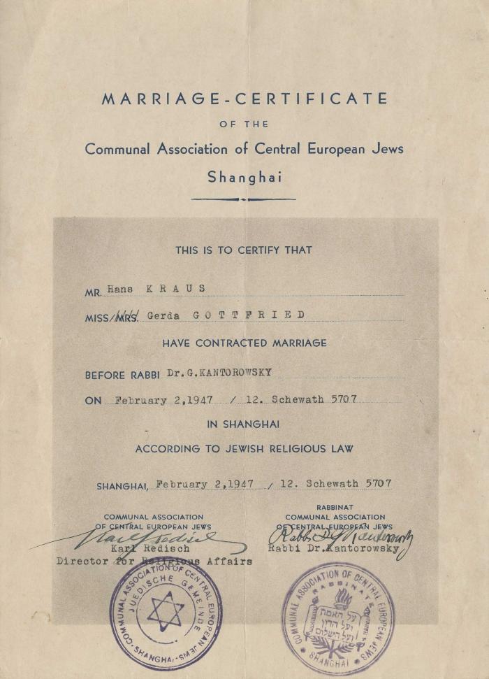 Marriage-Certificate of the Communal Association of Central European Jews, Shanghai