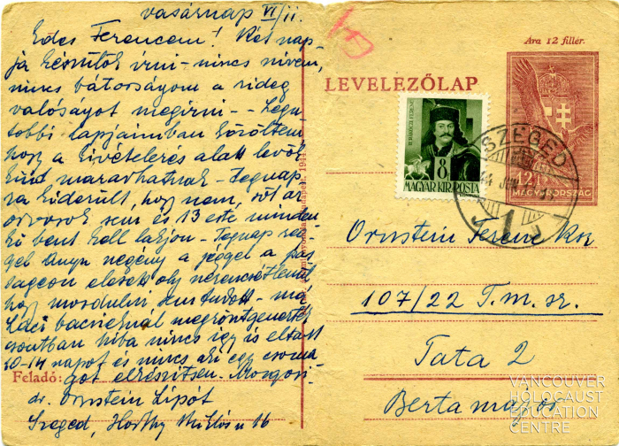 [Postcard from Dr. Lipot Ornstein to Frank Orban]