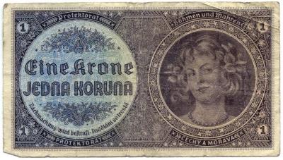 1 krone banknote from the Protectorate of Bohemia and Moravia