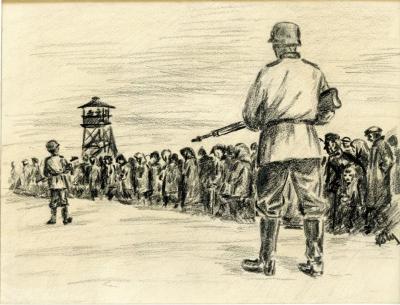 Charcoal drawing of prisoner selection at Auschwitz-Birkenau